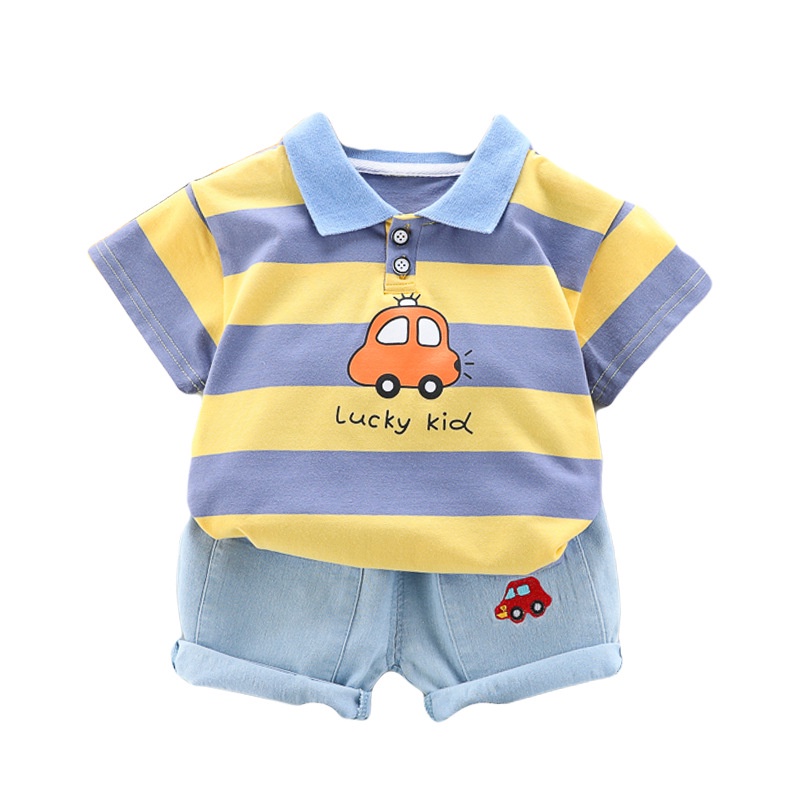 Set Đồ 2 Món Gồm Áo Thun cotton Tay Ngắn Cổ Bẻ Kẻ Sọc Hoạt Hình + Quần jeans Dành Cho Bé Trai 0-4 Tuổi