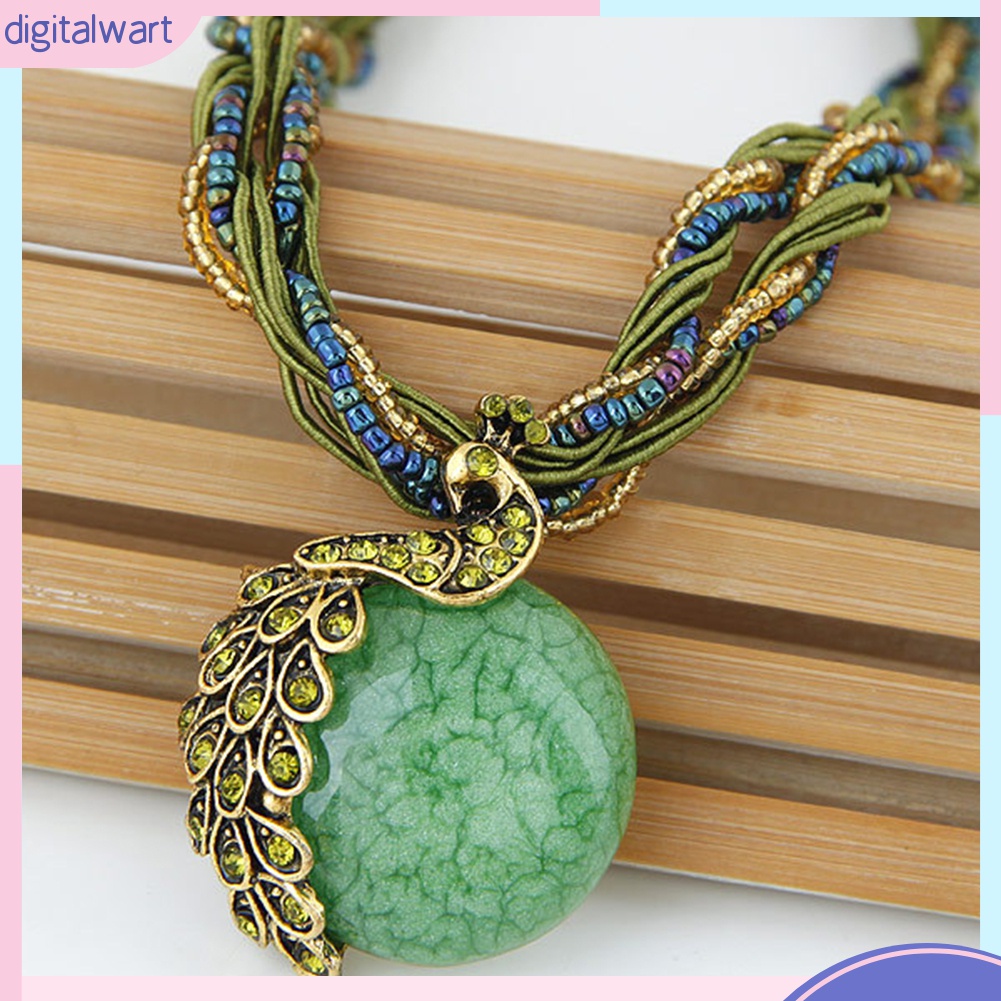 Vòng cổ Mặt Tròn Hình Chim Công Đính Đá Opal Nhân Tạo Phong Cách Bohemian