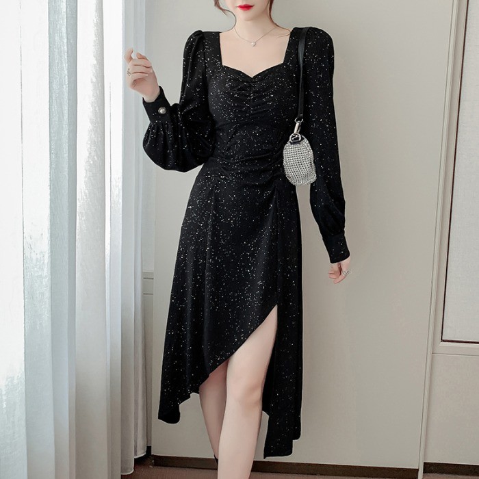 Đầm đi tiệc vạt chéo kim sa Đen quyến rũ Paris dress hàng Quảng Châu