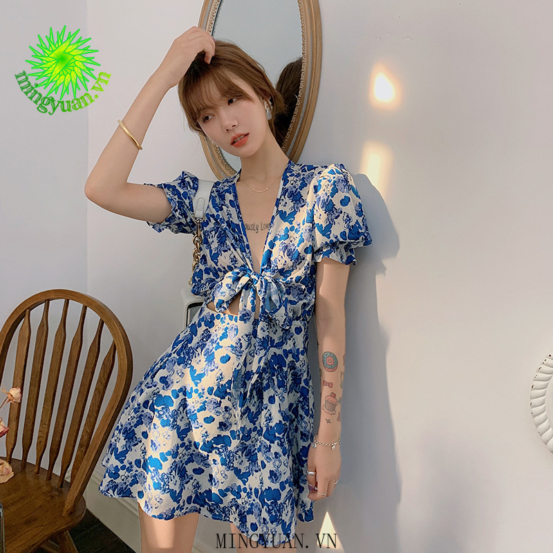 ( Mingyuan ) New retro floral sexy waist dress