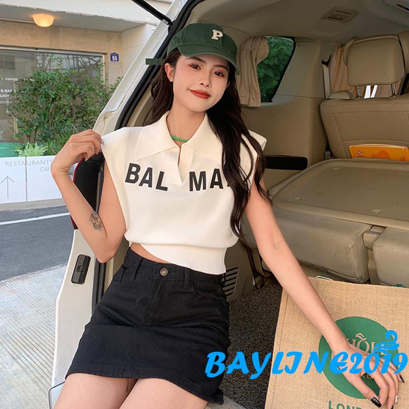 Áo Thun Dệt Kim Họa Tiết Sọc Ngang Màu Sắc Tương Phản Có Cổ Tay Áo In Chữ Cho Nữ