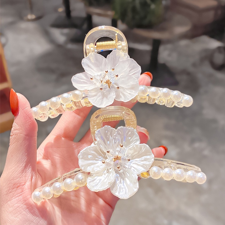 Kẹp Tóc Càng Cua Đính Ngọc Trai Acrylic Màu Trơn Thời Trang Thanh Lịch Cho Nữ