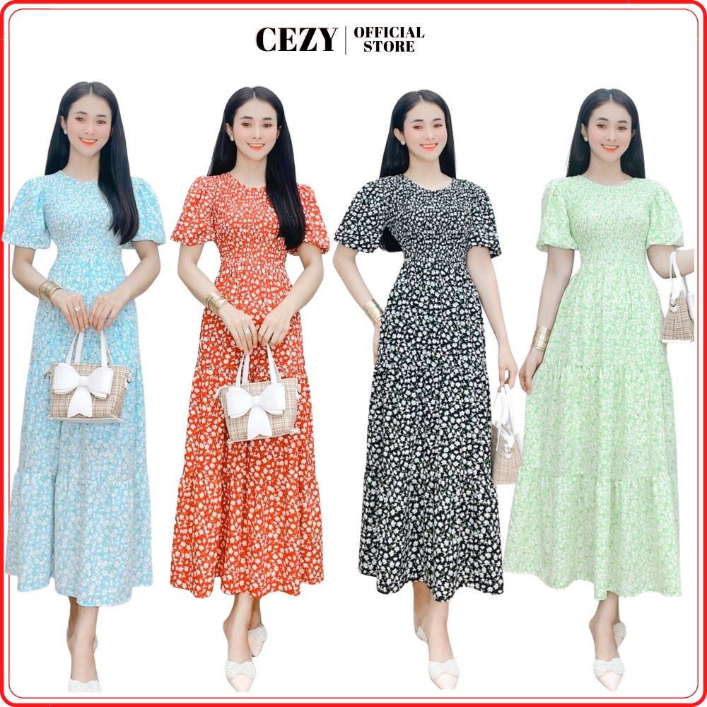Đầm maxi hoa nhí kiểu dáng tay phồng bo chun có size bigsize Cezy D86