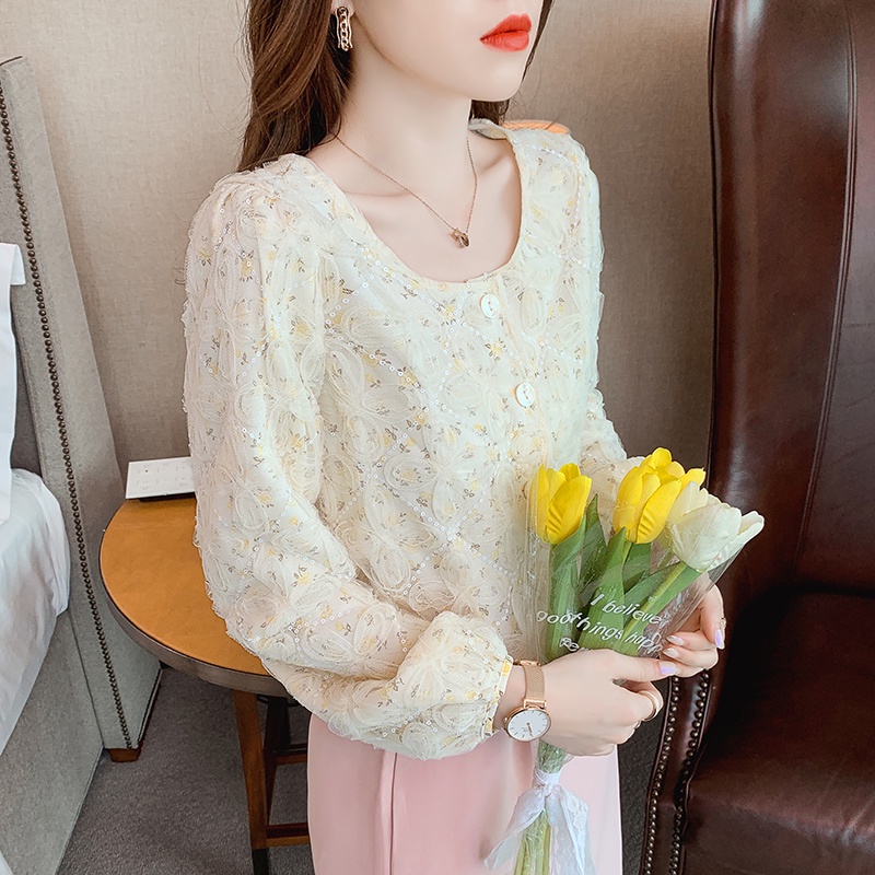 Áo Sơ Mi Tay Dài Phối Lưới In Họa Tiết Hoa Anh Đào Dễ Thương Thời Trang Mùa Thu Phong Cách Hàn Quốc Cho Nữ