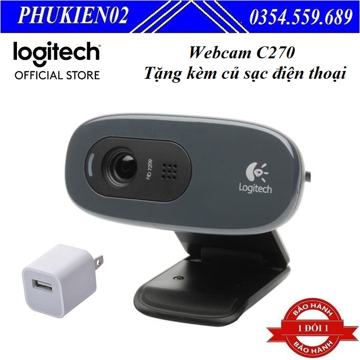 Webcam Logitech HD C270 cho laptop / android Tặng kèm củ sạc điện thoại cao cấp - Hàng chính hãng