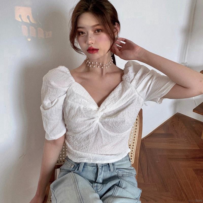 Áo Croptop Tay Ngắn Cổ Chữ V Màu Trơn Thiết Kế Quyến Rũ