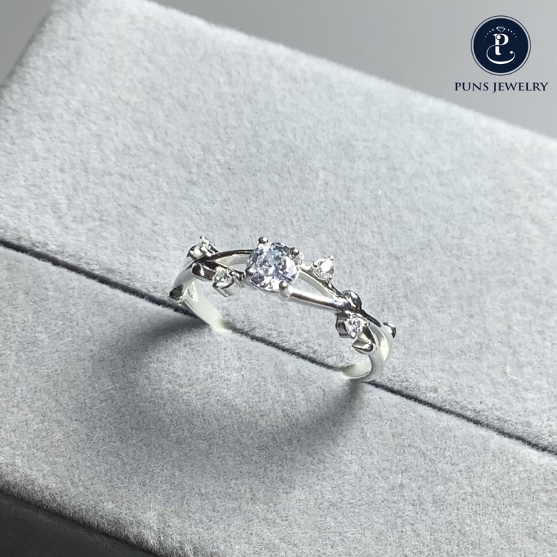 Nhẫn nữ bạc ta nhiều size Puns Jewelry đính đá nhỏ hoa lá