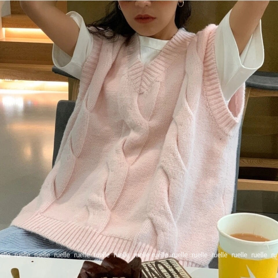 Áo Dệt Kim Không Tay Dáng Rộng Cổ Chữ V Phong Cách Vintage Thời Trang Dành Cho Nữ