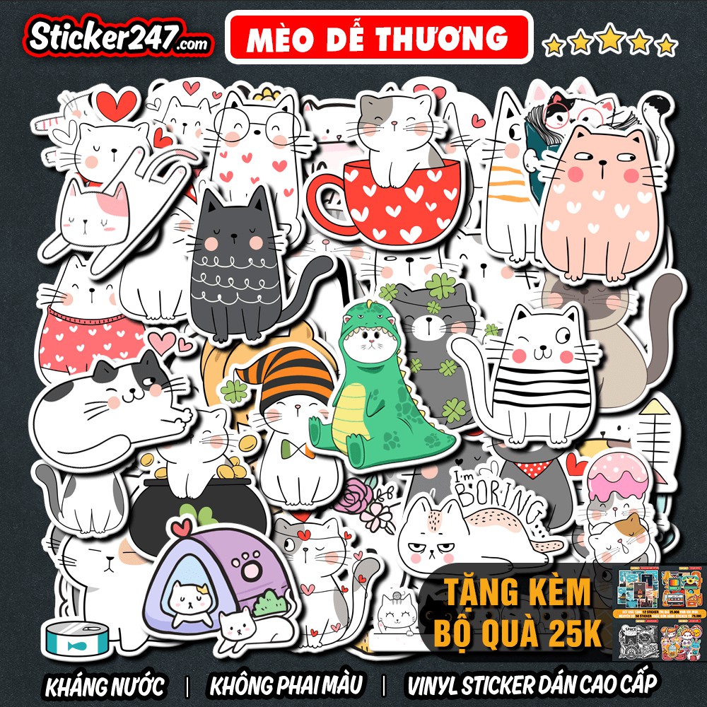 Sticker Mèo Dễ Thương Cute 𝑭𝒓𝒆𝒆𝒔𝒉𝒊𝒑 chống nước, sticker dán laptop, điện thoại, đàn guitar, mũ bảo hiểm, vali, ipad