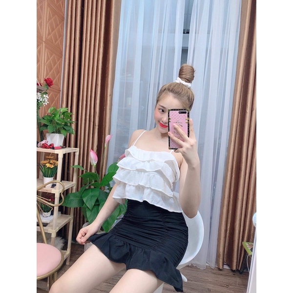 sale set áo dây tầng + chân váy nhún lụa