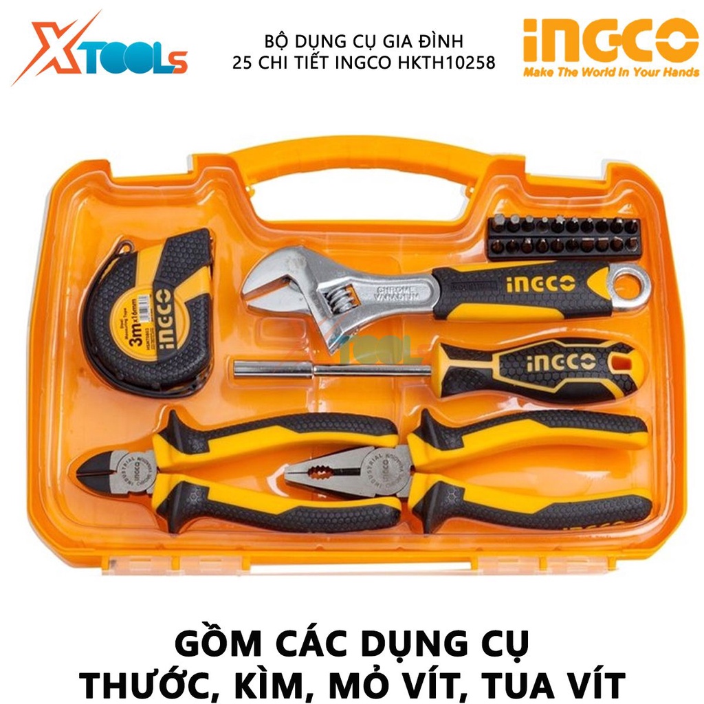 BỘ DỤNG CỤ GIA ĐÌNH 25 CHI TIẾT INGCO HKTH10258 | Bộ dụng cụ Ingco gồm 25 chi tiết được thiết kế cao cấp, kềm kẹp chắc