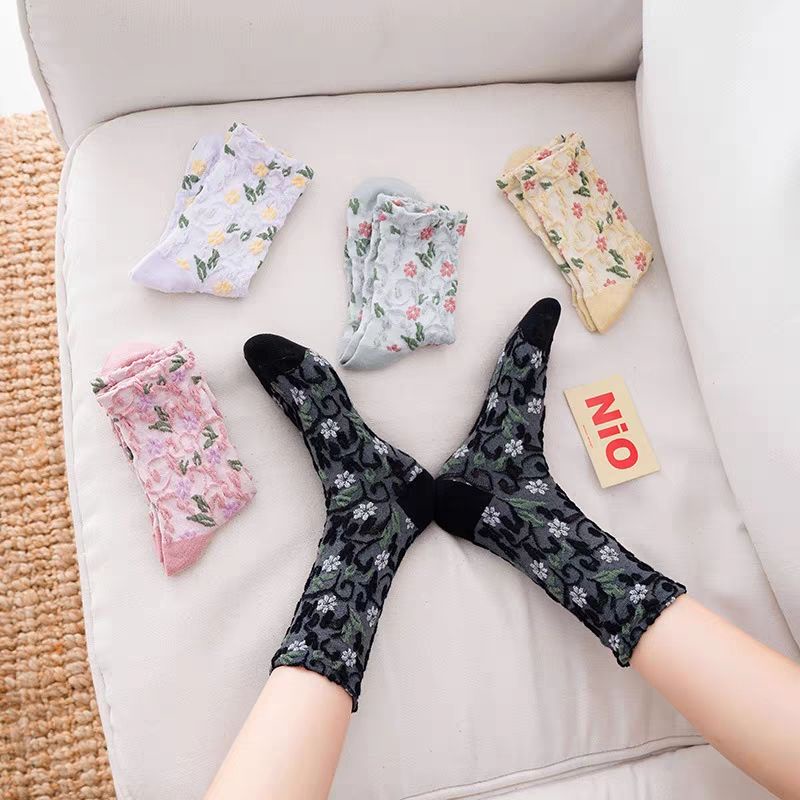 Vớ Cotton ống vừa họa tiết hoa thiết kế mới thời trang theo phong cách nhật hàn cho nữ