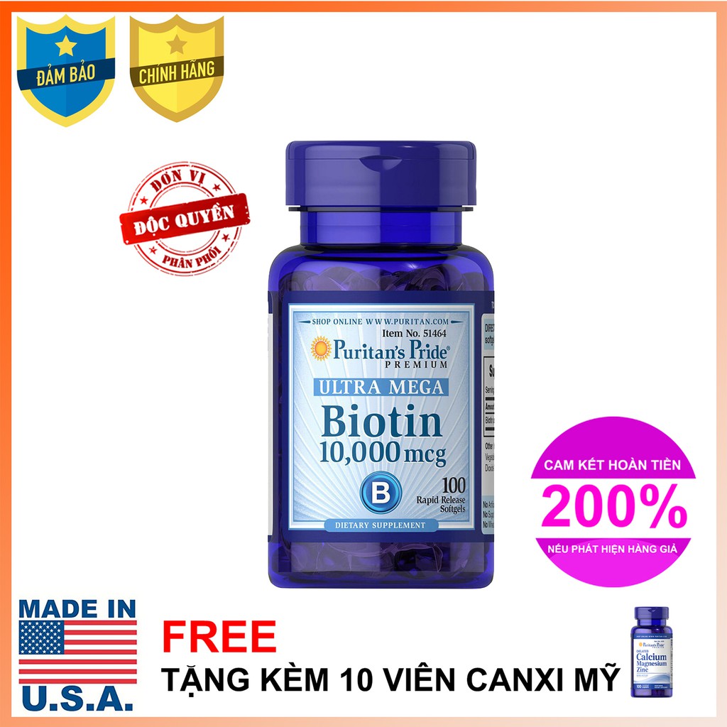 Viên uống kích thích tóc mọc tự nhiên, kiềm dầu cho da Puritan's Pride Ultra Mega Biotin 10.000mcg 100 viên