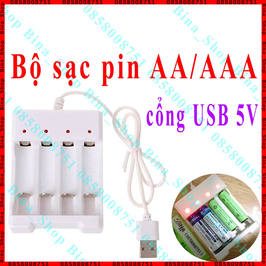 Bộ sạc pin tiểu AA/AAA 2 khe/4 khe, box sạc pin cổng USB tiện dụng
