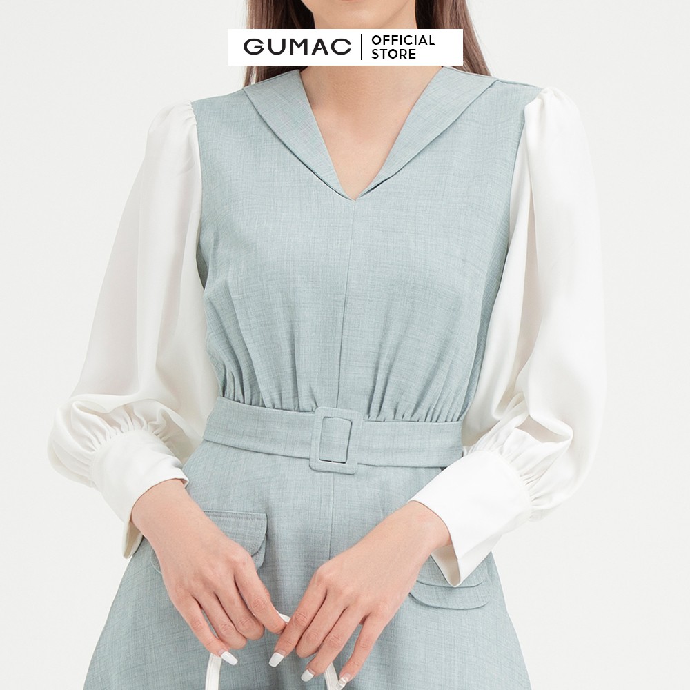 [Mã MABR07062 giảm 8% tối đa 50K đơn từ 249K] Đầm ôm nữ tay dài đai eo GUMAC thiết kế công sở thanh lịch màu xanh DB440 | BigBuy360 - bigbuy360.vn