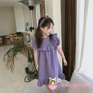 Đầm ngắn tay cổ tròn màu tím trơn thời trang mùa hè cho bé gái
