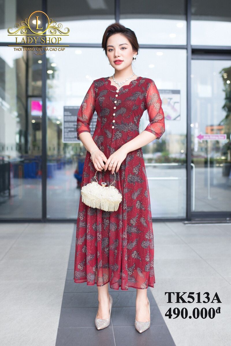 THỜI TRANG QUÝ BÀ TRUNG NIÊN CAO CẤP - LADYSHOP - Đầm thun lưới cổ hoa đuôi công đỏ TK513 | BigBuy360 - bigbuy360.vn