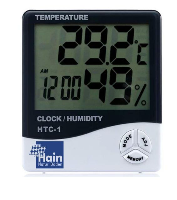 Nhiệt ẩm kế điện tử HTC-1 hiển thị giờ, nhiệt độ và độ ẩm trong phòng cũng như ở vườn lan
