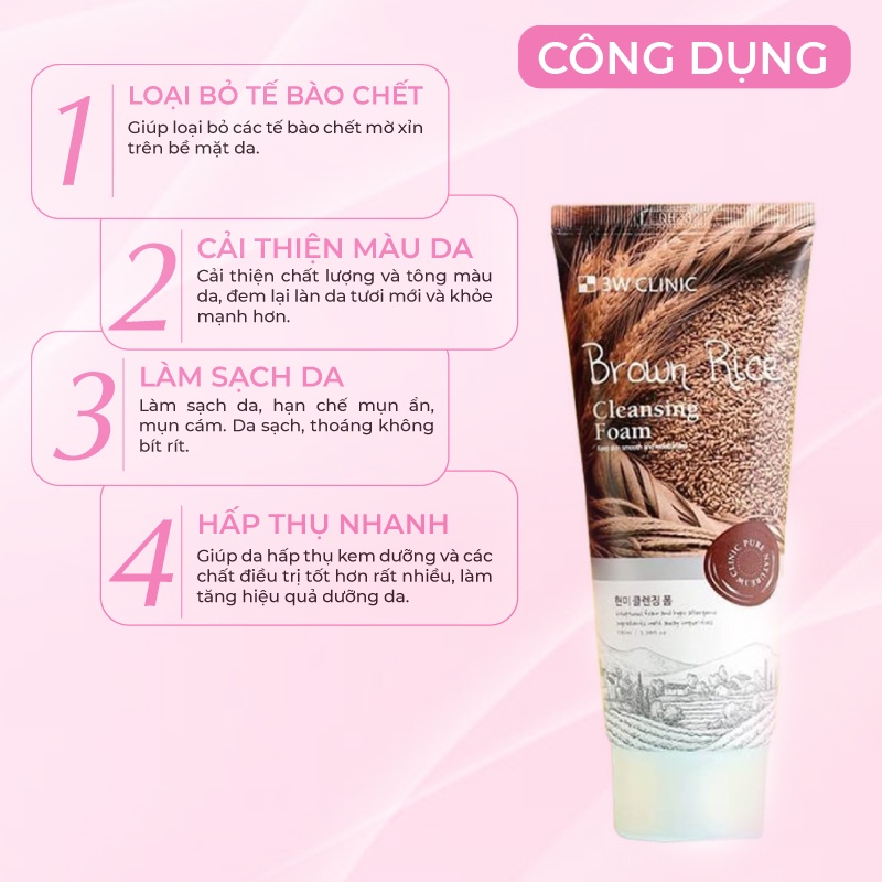Combo 2 Sữa rửa mặt chiết xuất lúa mạch 3W Clinic Hàn Quốc trắng da sạch sâu &amp; ngừa mụn 100ml x 2 Lọ