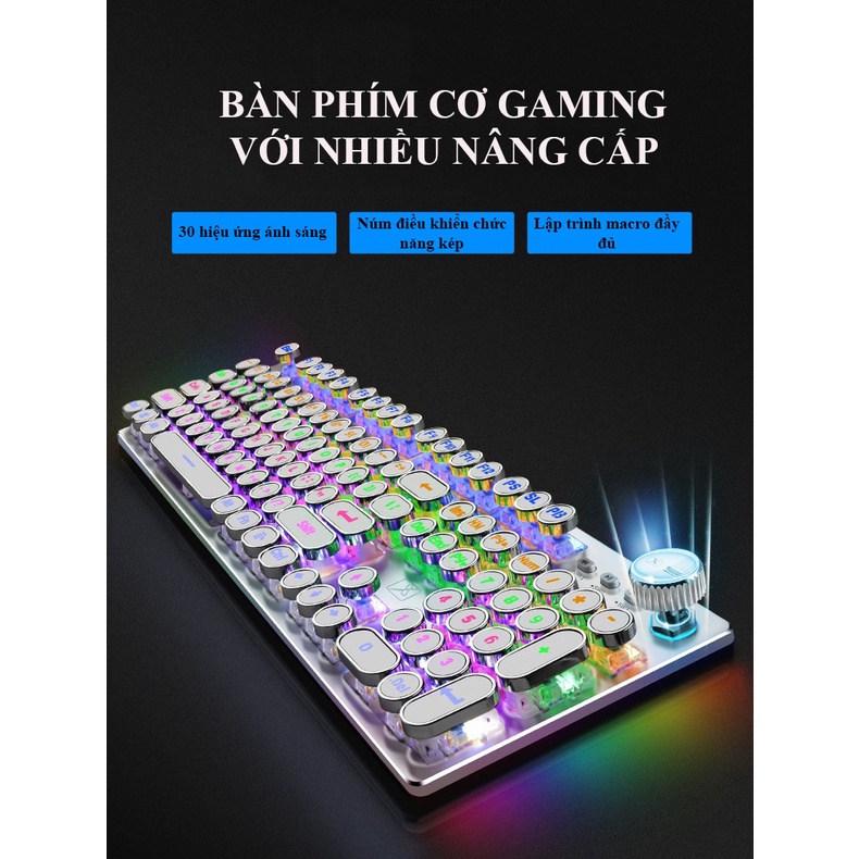 Bàn phím cơ Blue switch XinMeng K901, Bàn phím gaming chính hãng led RGB Phím tròn mạ bạc cá tính có núm xoay đa năng