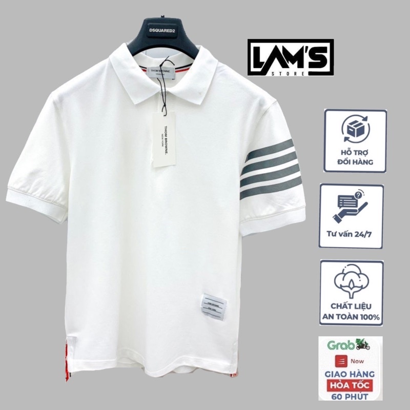 Phông thom Browne trắng vạch cổ bẻ LAM'S STORE,chất vải coton thấm hút mồ hôi,chất vải Polo cá sấu