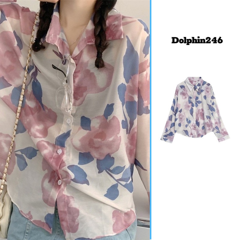 Áo sơ mi nữ voan hoa form rộng công sở bigsize Ulzzang kiểu dáng Hàn Quốc dài tay bigsize form rộng N-16