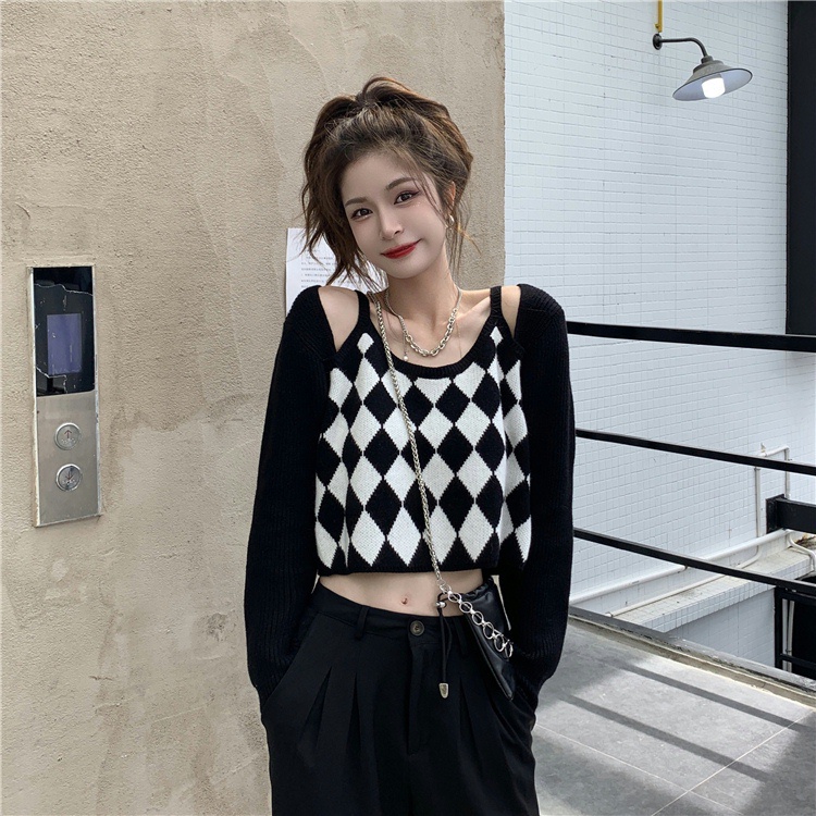 QADCOL Áo dệt kim tay dài dáng ôm họa tiết hình thoi xinh xắn tùy chọn màu sắc cho nữ