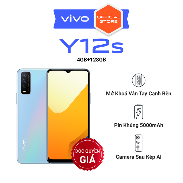 Điện thoại Vivo Y12s (4GB + 128GB)-Màn hình IPS LCD 6.51",Pin khủng 5000 mAh,Cảm biến vân tay,Màu: Đen, Xanh -Chính Hãng | BigBuy360 - bigbuy360.vn