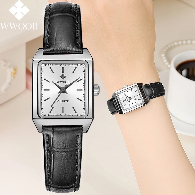 WWOOR Đồng hồ Quartz mặt vuông nhỏ dây đeo da 8850P