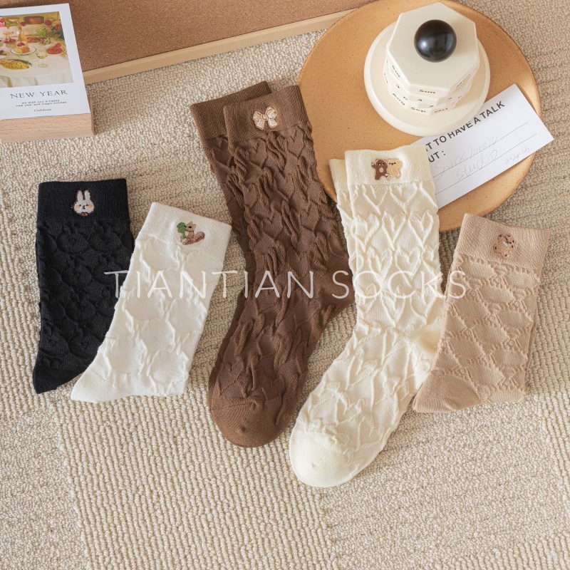 TIAN TIAN T236 Vớ Cotton Tất Cao cổ Ba Chiều Thêu Họa Tiết Gấu Hoạt Hình Dễ Thương Phong Cách Nhật Bản Thời Trang Xuân Hè Cho Nữ