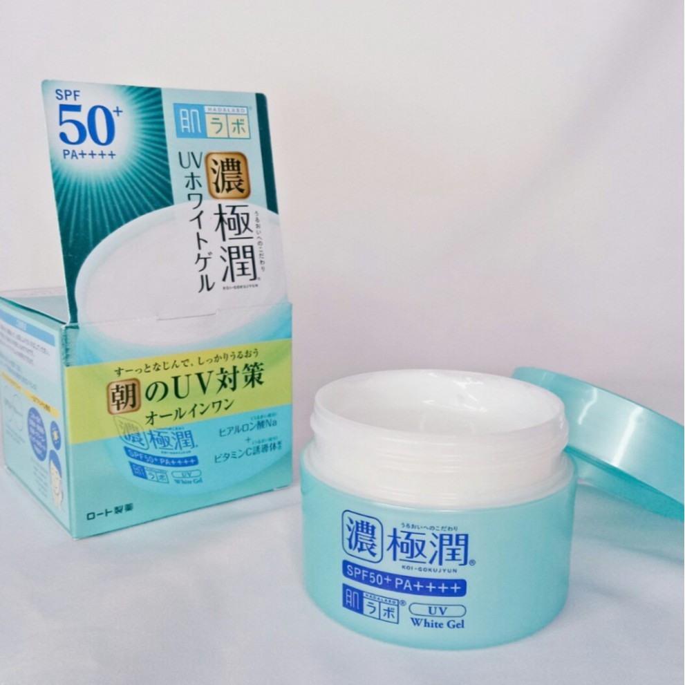 Kem Dưỡng Da Ban Ngày 7 in 1 Hadalabo Gokujyun UV White Gel SPF50 + PA ++++ 100G - Màu Xanh