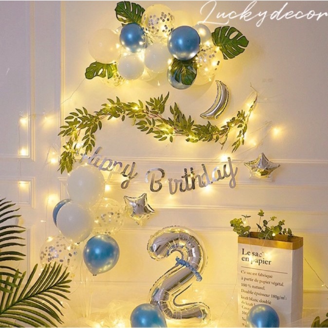 Set bong bóng trang trí sinh nhật Phong cách Hàn Quốc có lá Combo bong bóng dài xoắn Happy Birthday