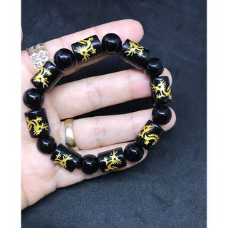 Vòng tay đá phong thủy đen chạm rồng 12ly