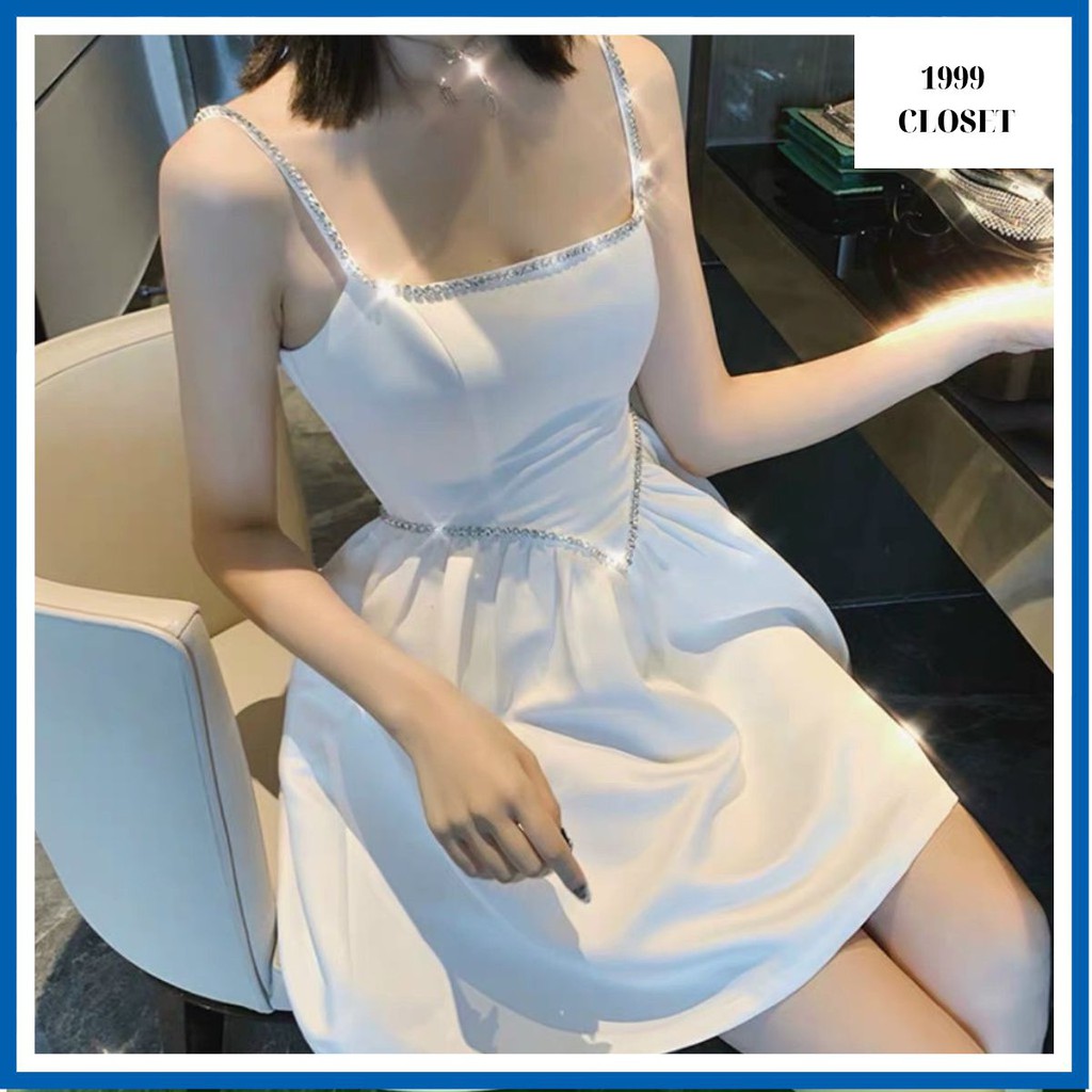 Đầm dự tiệc trắng hai dây đính chuỗi cườm sang chảnh |Hàng mới|
