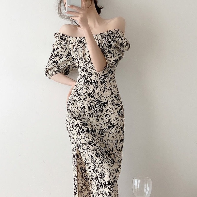 Đầm Trễ Vai In Hoa Phong Cách Retro Pháp Thời Trang Cho Nữ