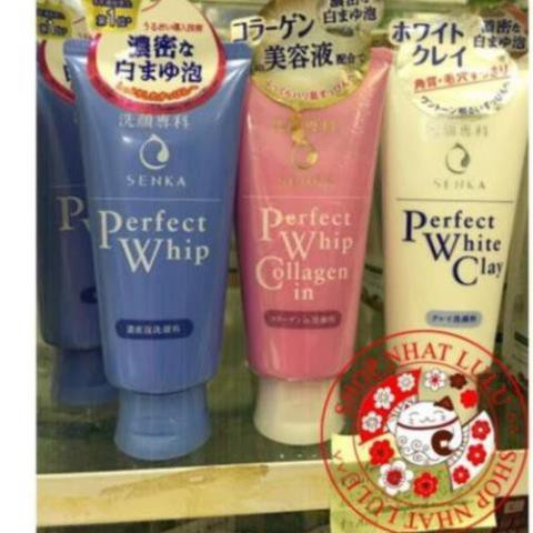 Sữa rửa mặt Perfect Whip - Collagen in - White Clay Senka màu hồng xanh trắng Nhật bản shopnhatneko