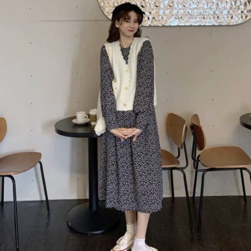 váy hoa nhí vải dạ nhung dày cổ tròn tay chun loe (không kèm áo, khăn) VKE 9235-1 Ulzzang Style🌸 Hàng Quảng Châu