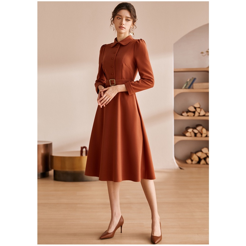 Đầm công sở cổ sơ mi dáng váy xòe màu cam đất