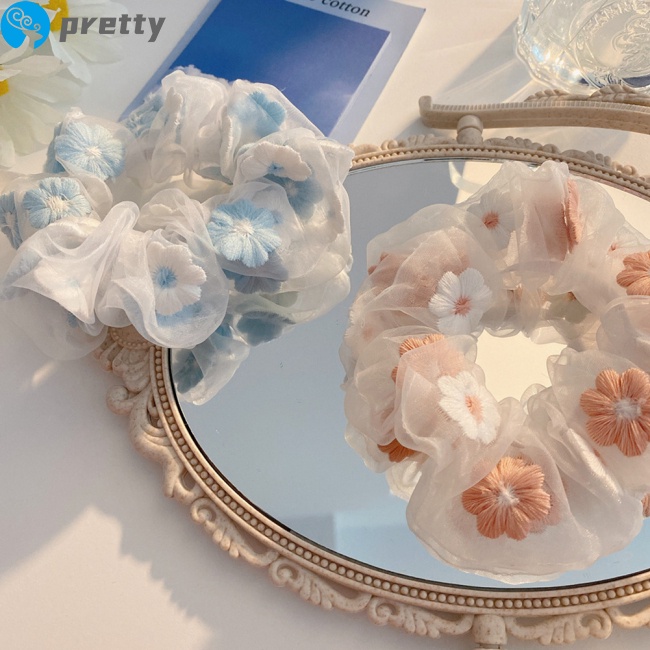 Dây buộc tóc bằng vải organza thêu hoa dễ thương