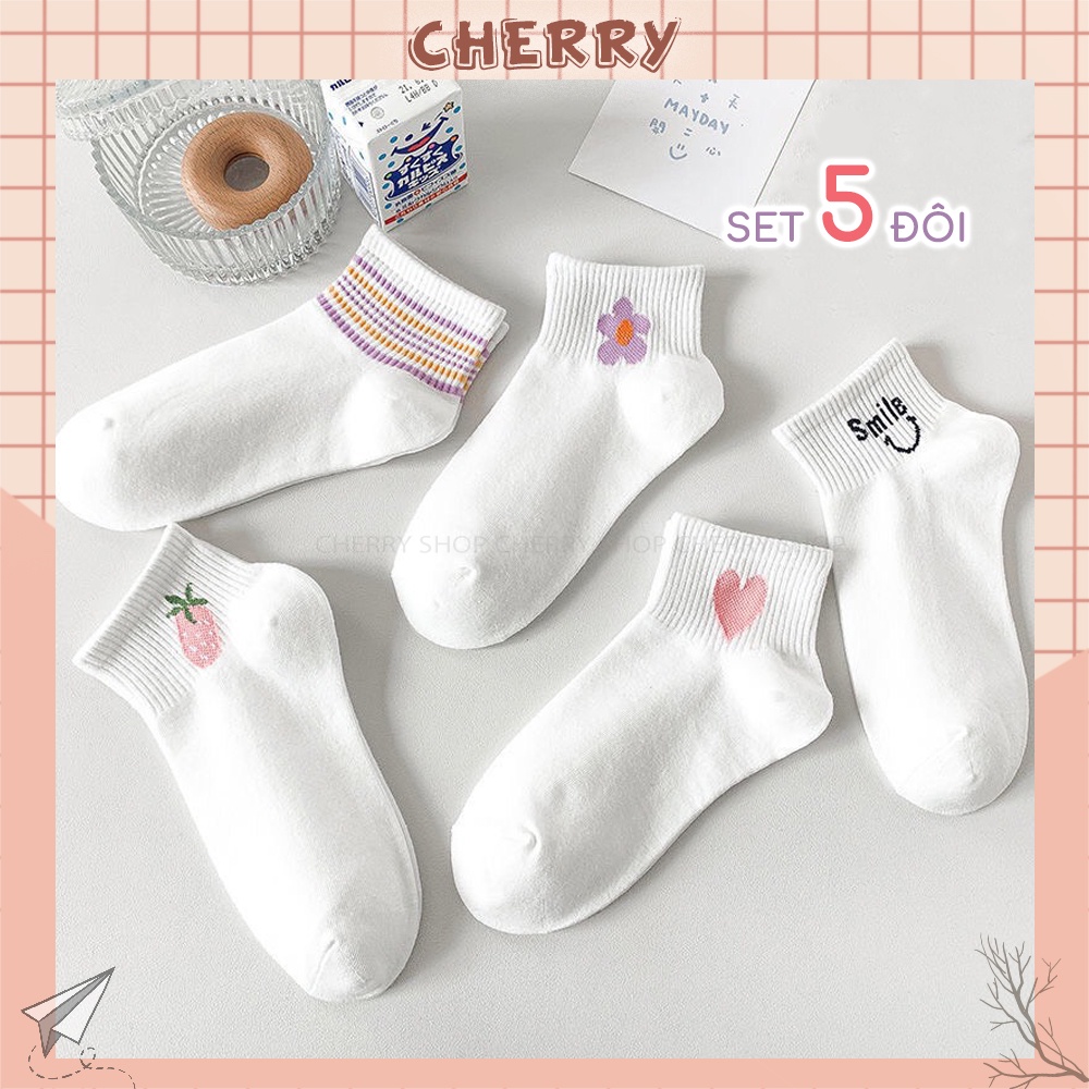 Tất nữ cổ ngắn trắng họa tiết kute, set vớ tất chất liệu vải Hàn co giãn 4 chiều - Cherry Shop