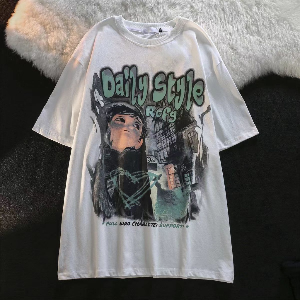 Áo Thun Cotton Ngắn Tay Dáng Rộng In Họa Tiết Retro Cá Tính