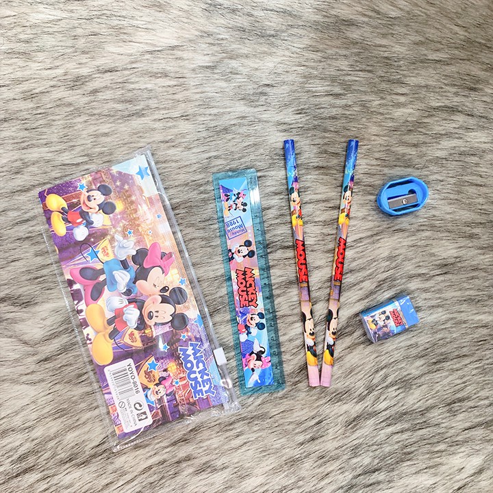 Bộ dụng cụ học tập 5 món chủ đề hoạt hình thú vị kèm túi zip trong suốt xinh xắn cho bé trai và bé gái Baby-S – SH039