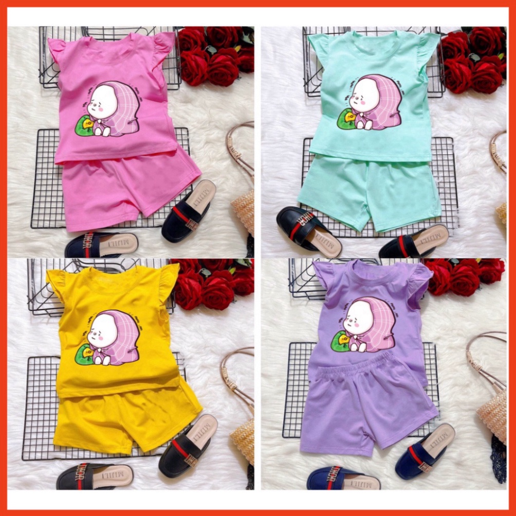 ( Km ) ( Khuyến mãi ) Combo 3 Bộ đồ bé gái tay nhúng bèo hình thỏ choang khăn tím và vịt vàng cho bé gái từ 6kg đên 29kg