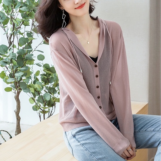 Áo Khoác Cardigan Dệt Kim Mỏng Dáng Rộng Có Mũ Trùm Kiểu Hàn Quốc Thời Trang Xuân Hè Cho Nữ