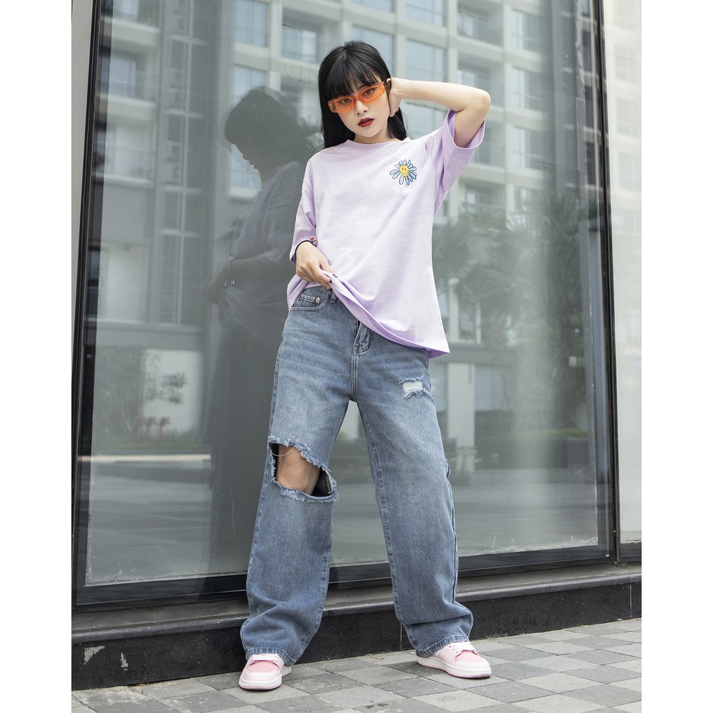 Quần Baggy Ống Suông Đứng Rách Gối To - Chất Vải Jeans Cao Cấp Mềm Mịn - Unisex Nam Nữ Hot Trend Dễ Phối Đồ -  Màu Xanh