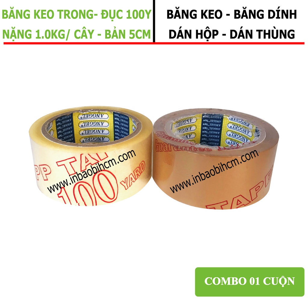 Băng keo Trong, Đục 100Y, loại 4F8, 1kg/ Cây (6 cuộn), băng keo dán thùng, băng dính dán hộp giá rẽ, InbaobiHCM