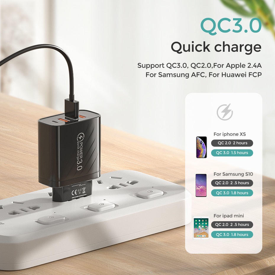Củ Sạc Nhanh Twitch 3 Cổng Cắm USB 3.0 20WPD Với Phích Cắm EU / US Tùy Chọn