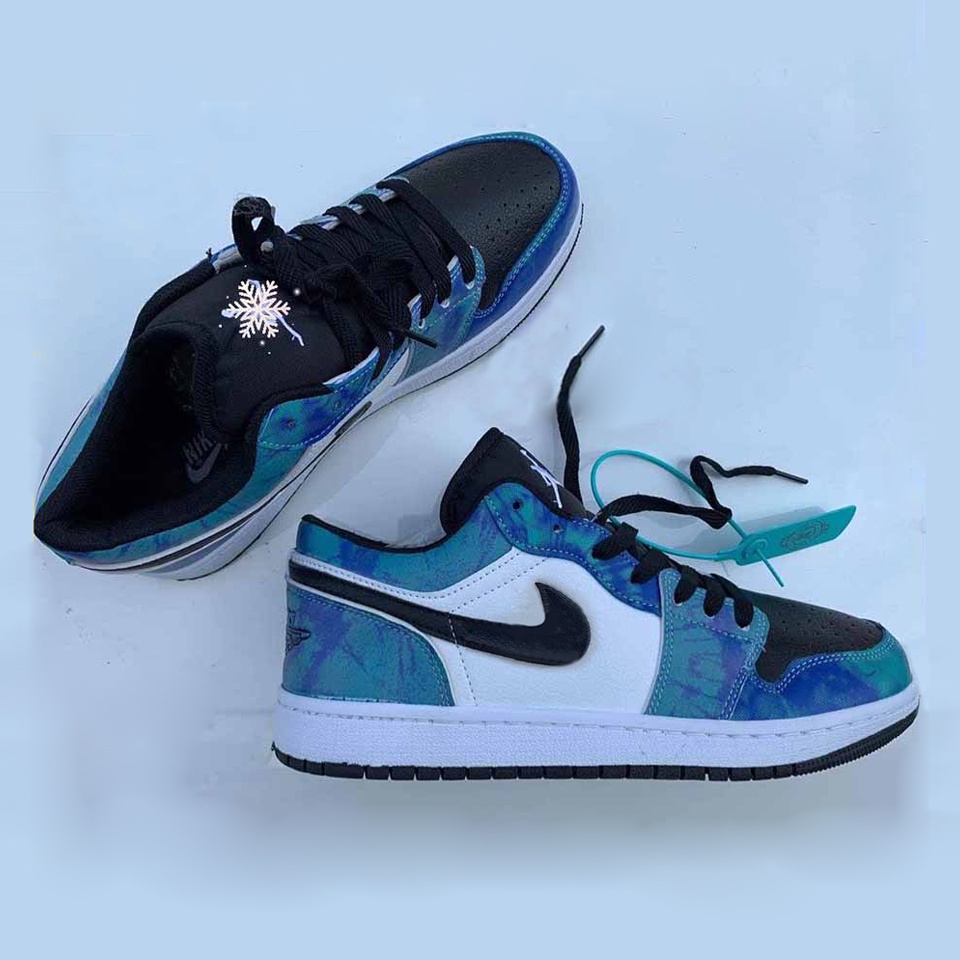Giày thể thao Jordan cổ thấp xanh loang nước biển, giày sneaker JD1 low Tie Dye nam nữ đầy đủ bill box