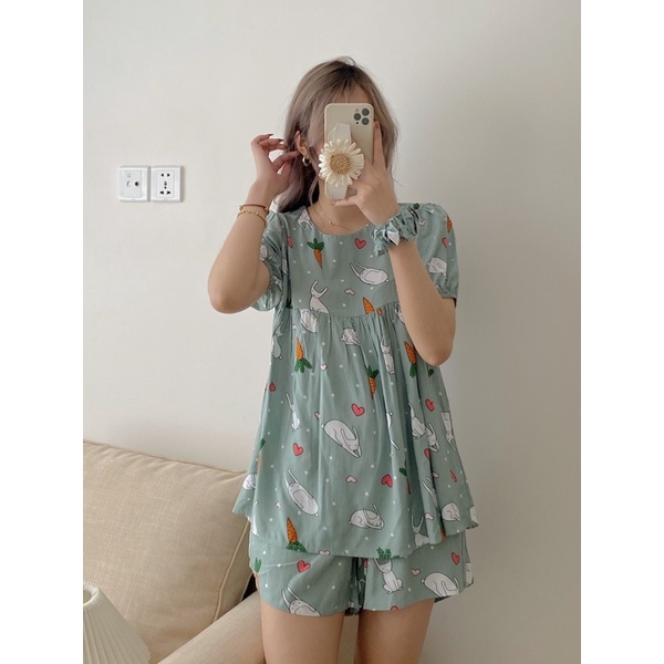 [ Ảnh thật ] Bộ ngủ pijama cộc dáng babydoll in hình cute