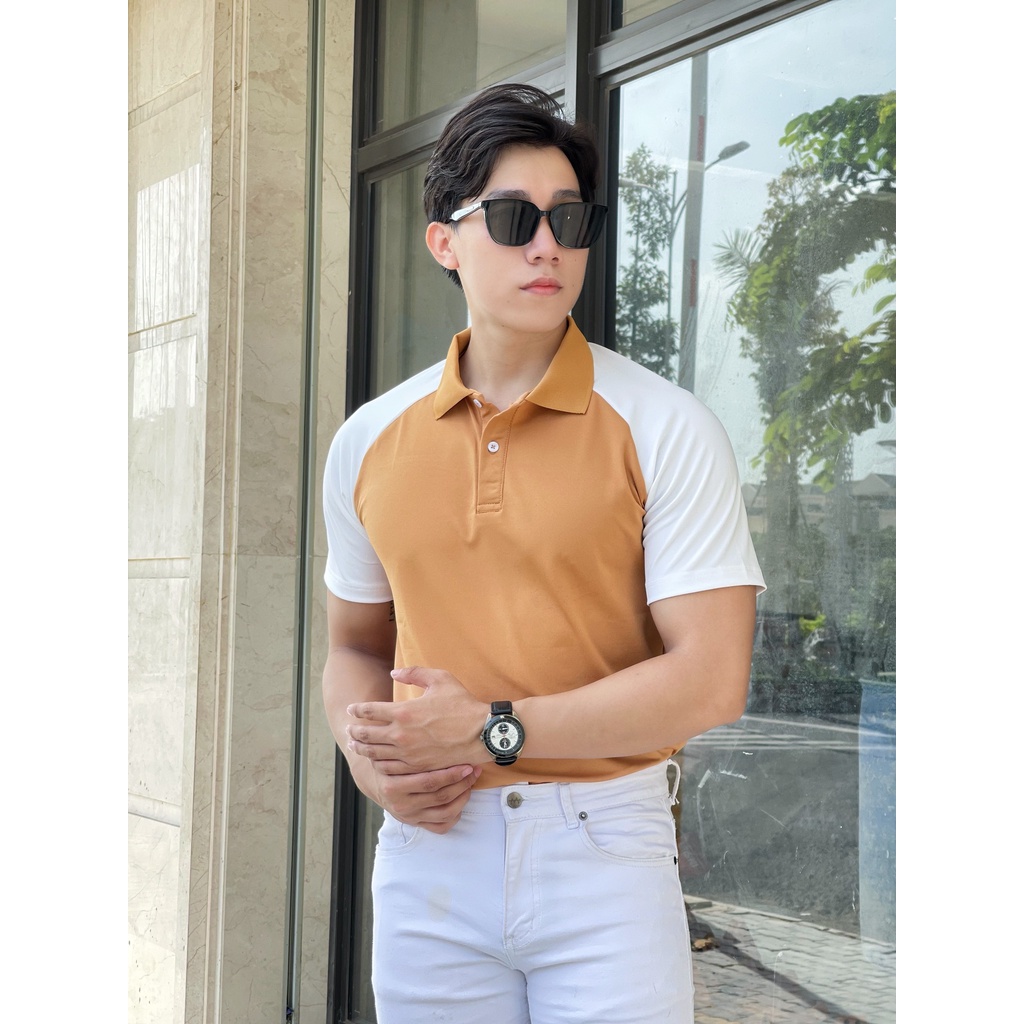 ÁO THUN POLO NAM CỔ BẺ MÀU VÀNG NÂU PHỐI TAY ÁO TRẮNG MẪU SOÁI CA, PHONG CÁCH